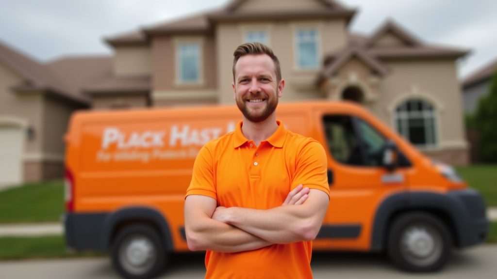 Plumber and his van outside a home.