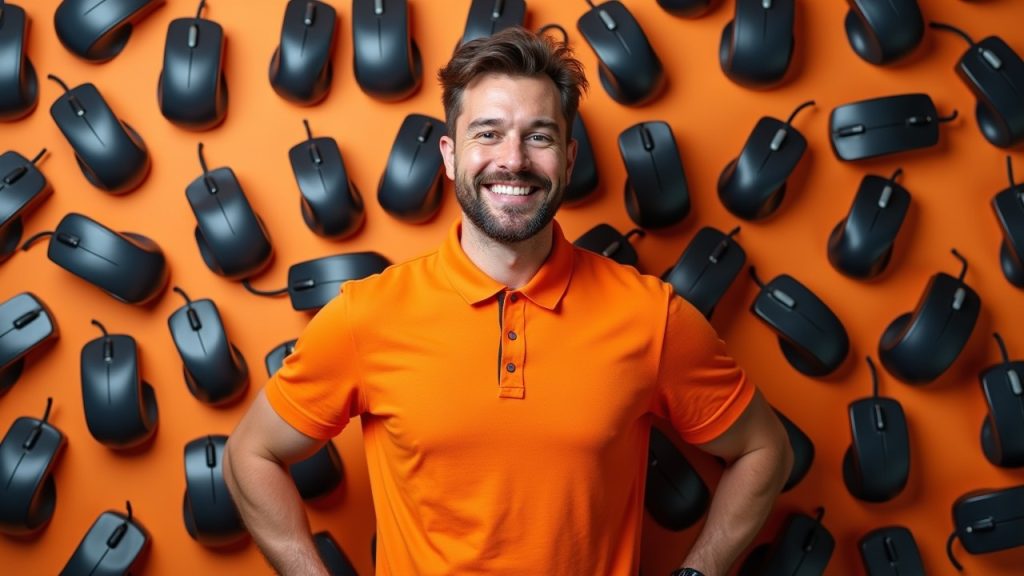 plumber surrounded by computer mice.