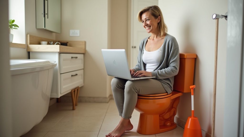 woman looking for a plumber with an orange toilet